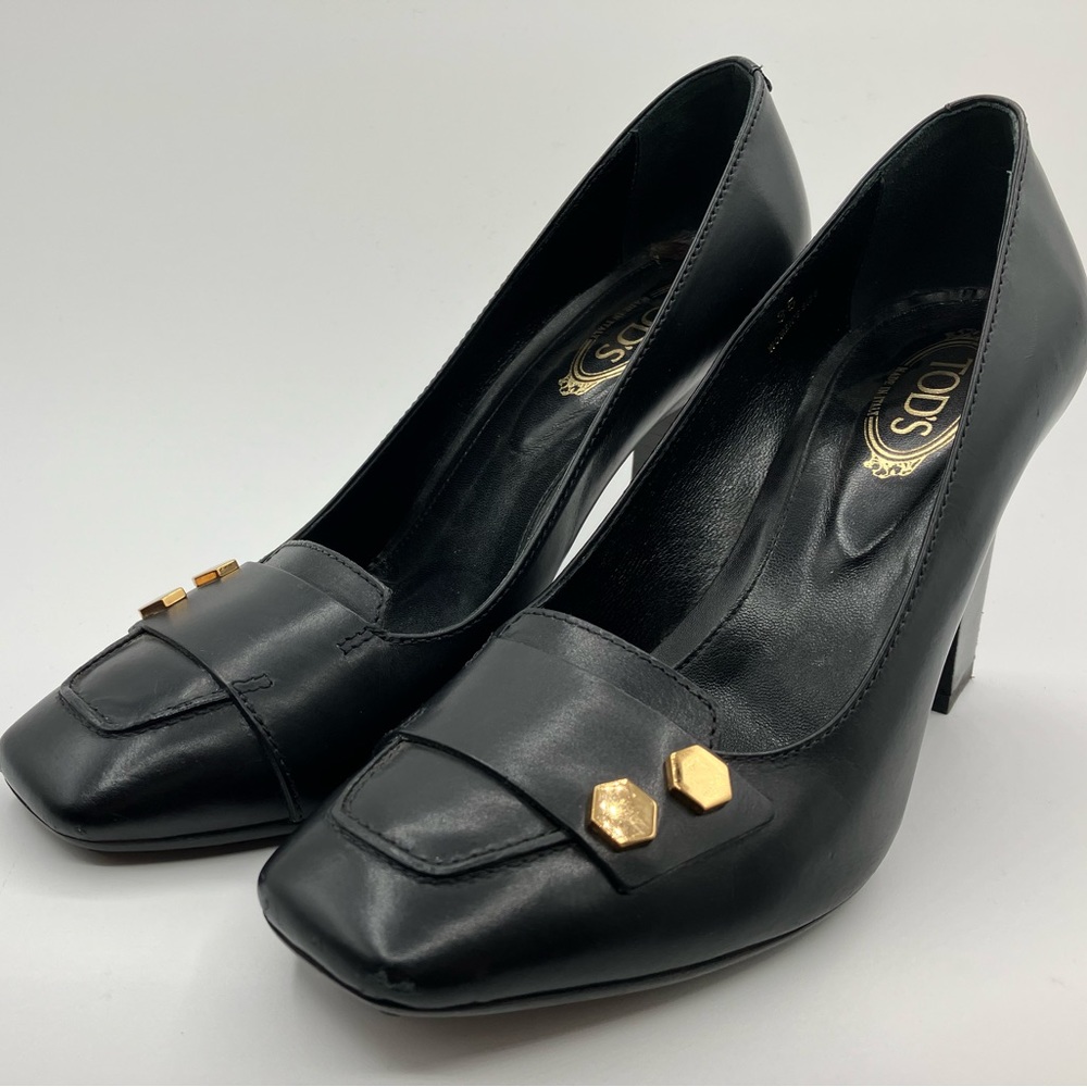Tod`s Black Leather Square Toe Heels Size 35/5 - Picture 3 of 13